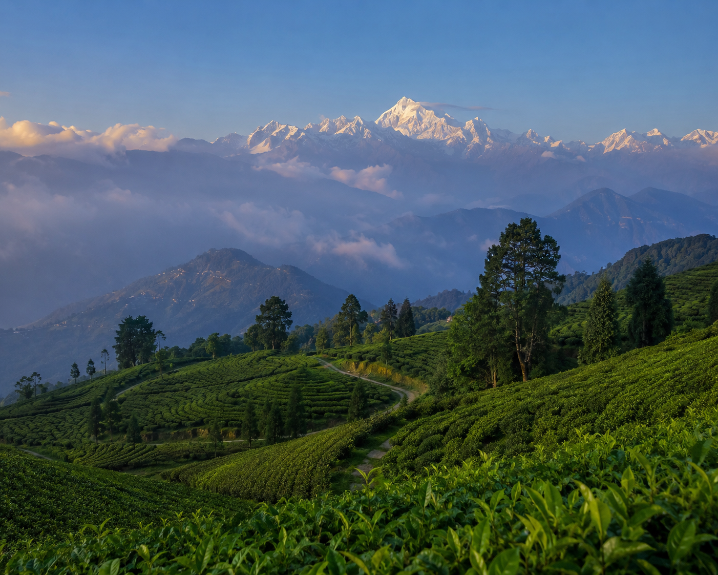 Tea gardens of Darjeeling with the Kanchenjunga range